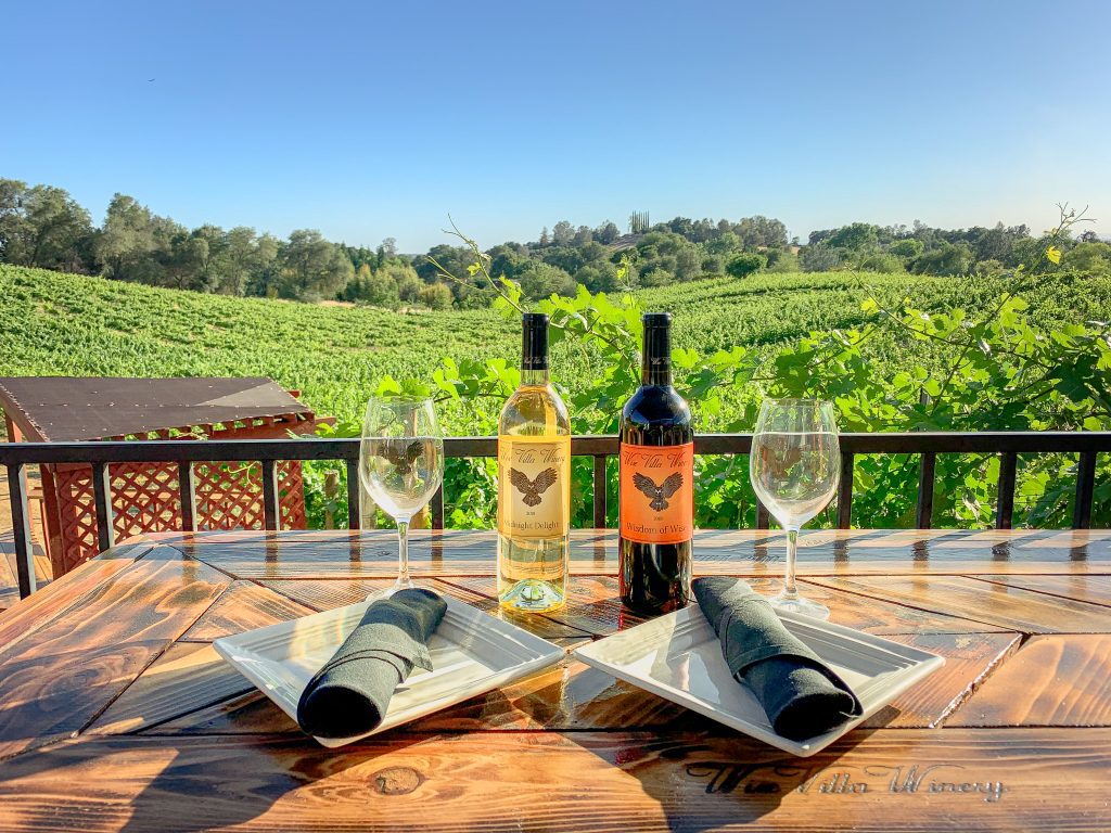wine bottles and wine glasses on table overlooking vineyards