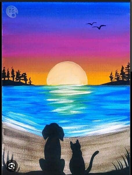 painting of a sunset with cat and dog shadow